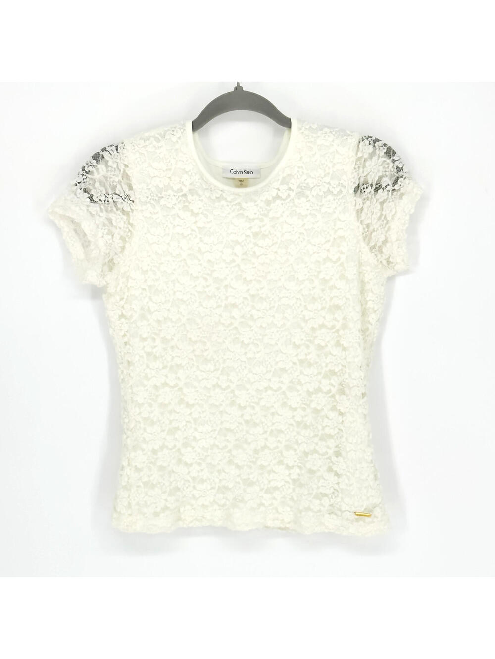 Calvin Klein Lace Lined Short Sleeve Blouse Minimalist Core Ivory Womens Petite